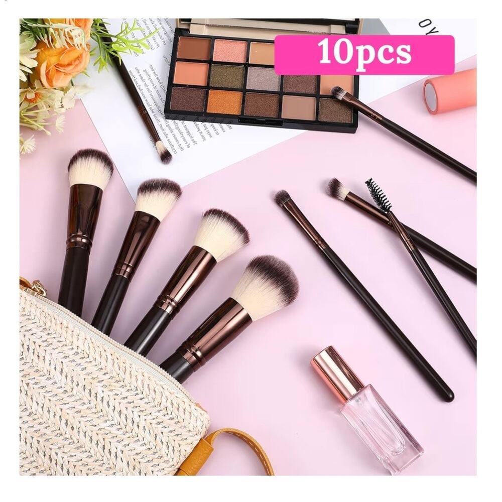 Yolev 10 Pcs Brown Makeup Brushes Set Professional (C54)
